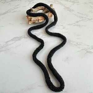 Black Beaded Rope Necklace, Woven Seed Beads, 22 Inch, Glass Bead Crochet
